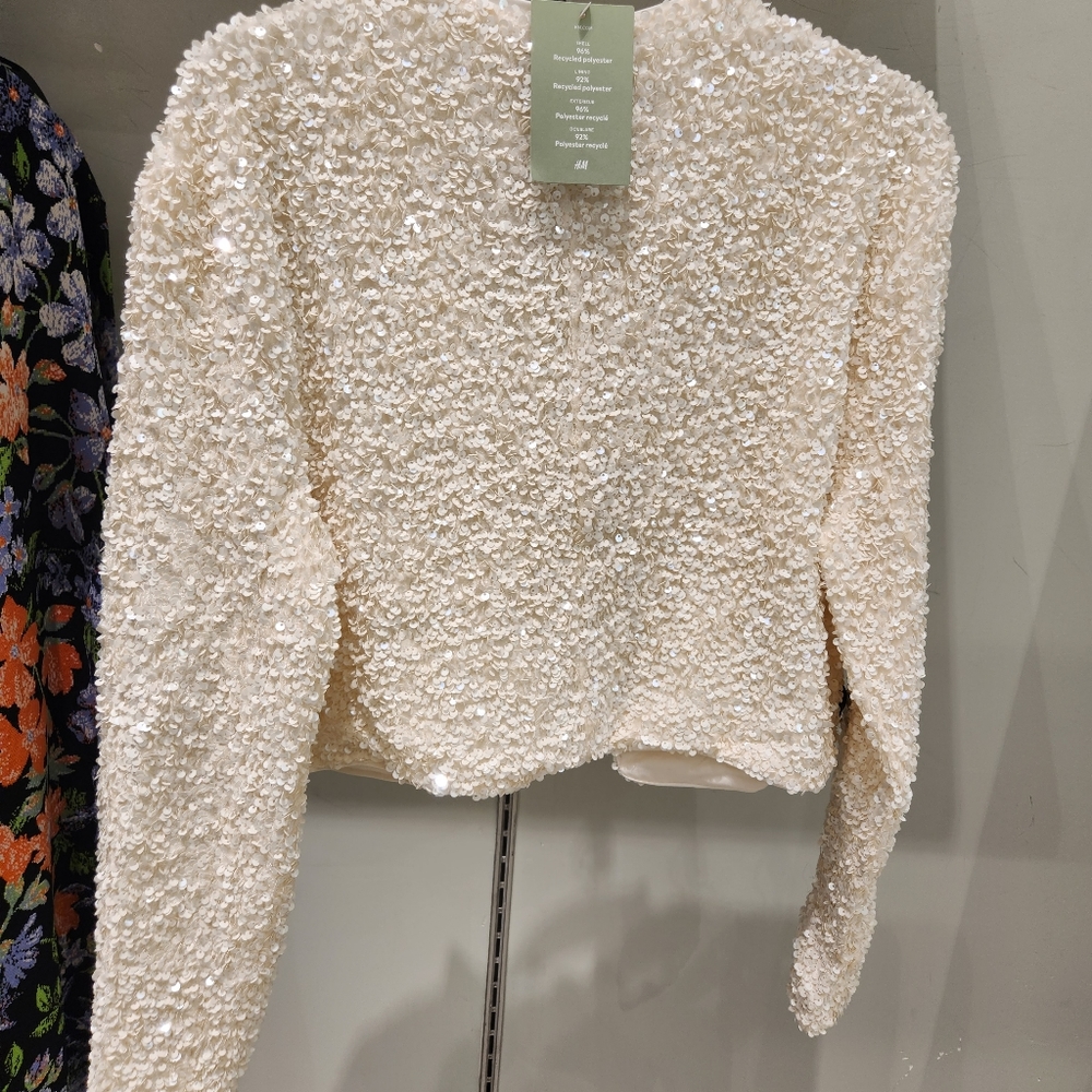 H&M Tie-front Sequined Jacket Off White/black bow sz S, M. BNWT - Picture 4 of 10